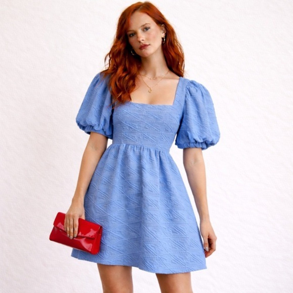 Free People Blue Square‎ Neck Puff Sleeve Tie-Back Mini Dress Sz M